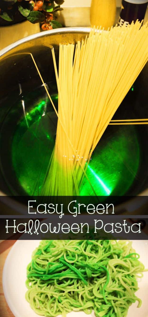 Halloween food idea, savory or sweet party dish and festive appetizer inspiration, focused on easy green Halloween pasta