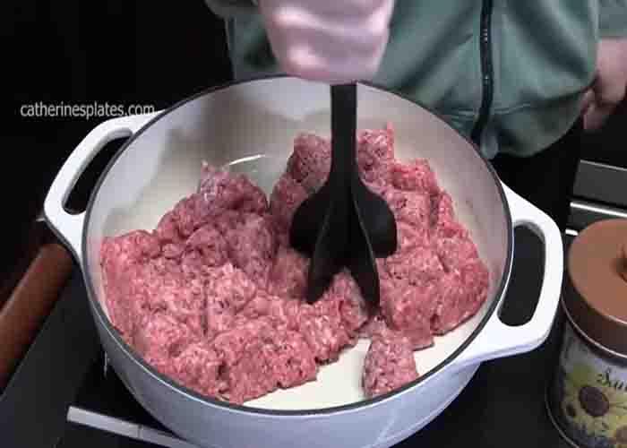 Browning the ground beef for the cattle drive recipe