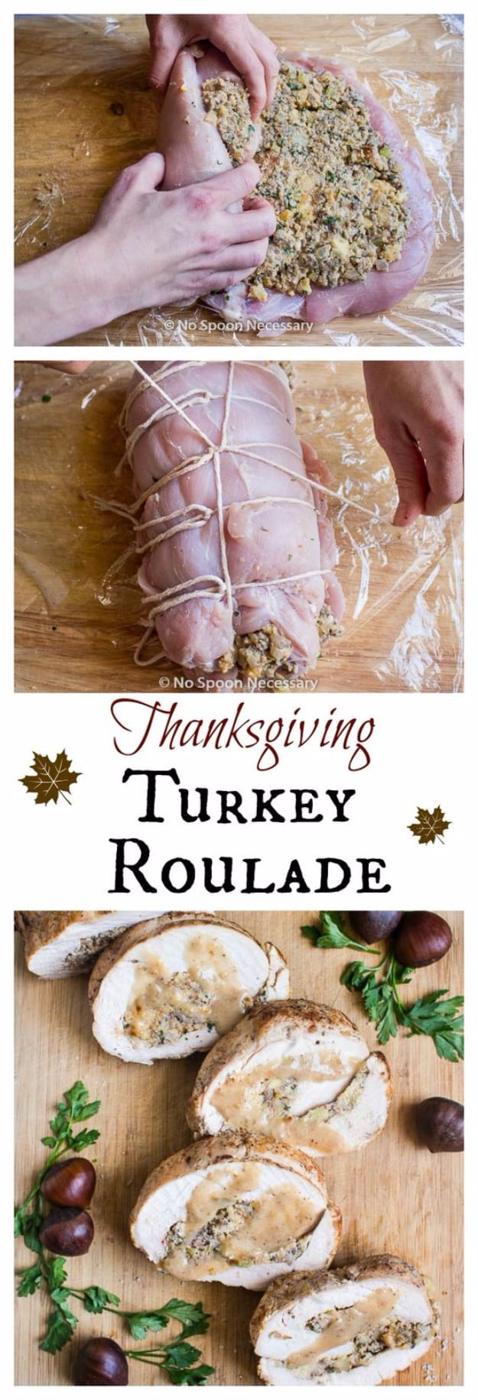 Thanksgiving turkey roulade sliced into pinwheels showing a cornbread and sausage stuffing spiral inside