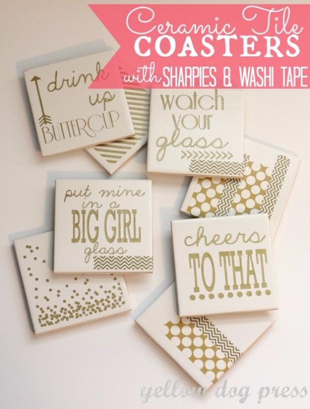 Ceramic Tile Coasters With Sharpies And Washi Tape, a handmade tabletop find, quick enough to finish before nap time