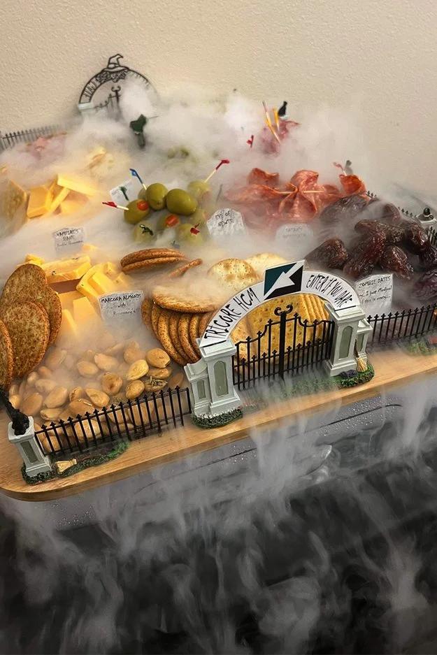 Spooky snack recipe, simple make-ahead option and easy recipe inspiration, featuring dry ice Halloween charcuterie board