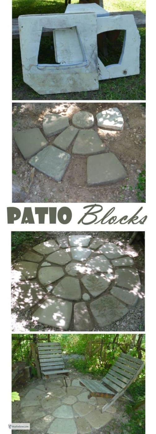 Collage of homemade soil cement patio blocks, the Styrofoam mold and the finished circular paved medallion