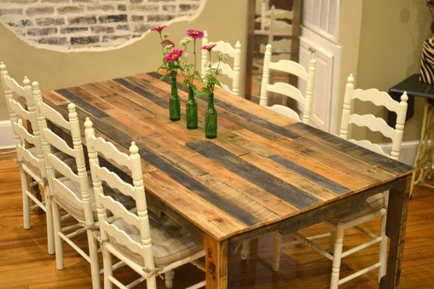 Shipping Pallet Dining Table, a reclaimed wood design, easy to scale up for a full batch and a detail guests always ask about