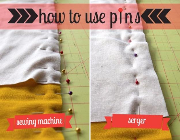 Two photos of pins placed into white and yellow fabric, labeled for a sewing machine and for a serger