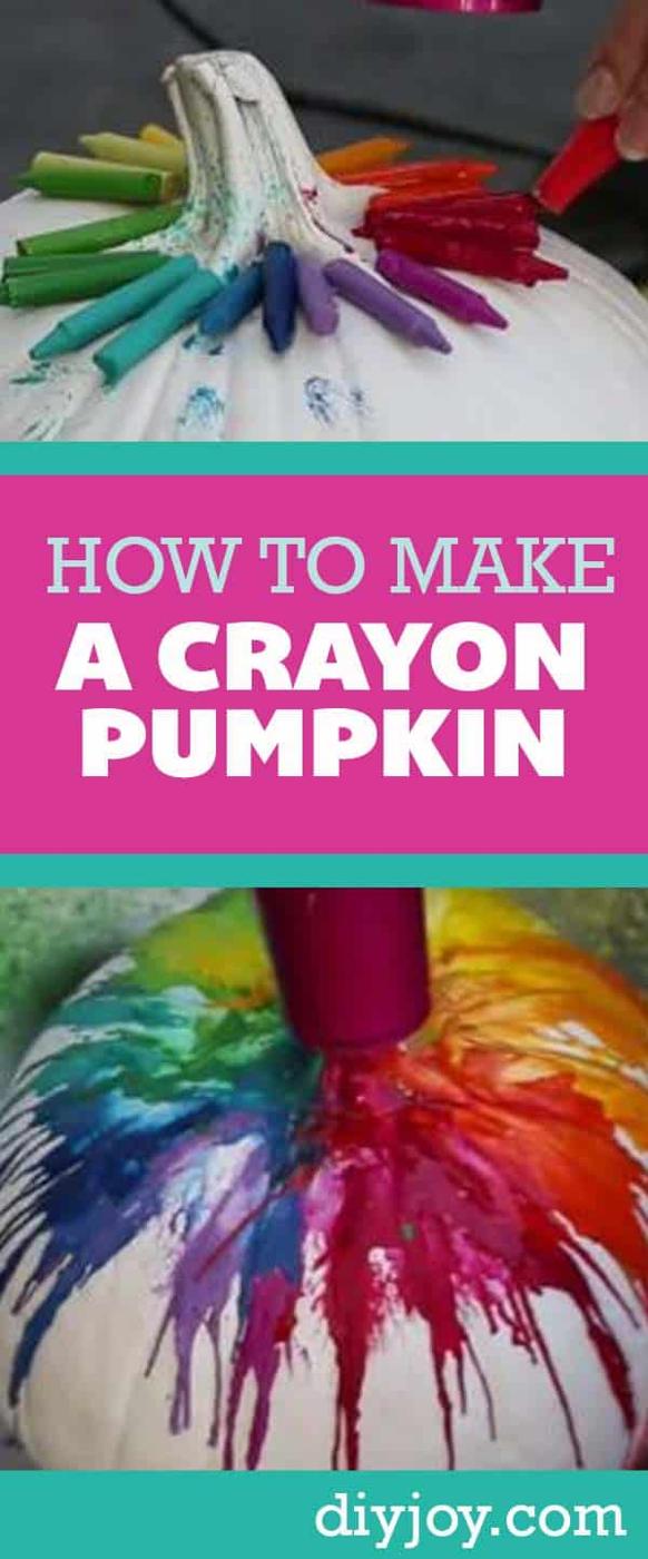 DIY Halloween Decorations - Cheap Halloween Decor Ideas to Make - How to Make a Rainbow Melted Crayon Pumpkin Tutorial and YouTube Video - Pinterest Pin for Halloween Crafts and Cr