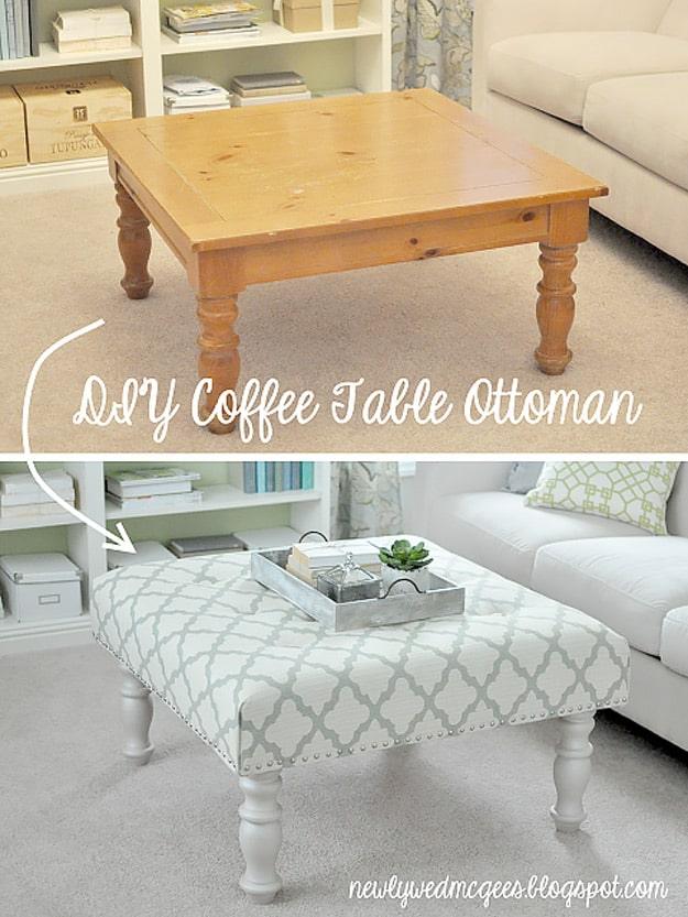 Before and after collage of a plain pine coffee table above the same table upholstered in pale trellis fabric