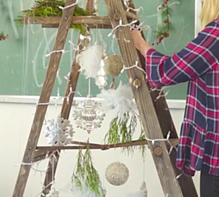 Make a cheap DIY Christmas Tree out of an old ladder and cheap decorations from the thrift store