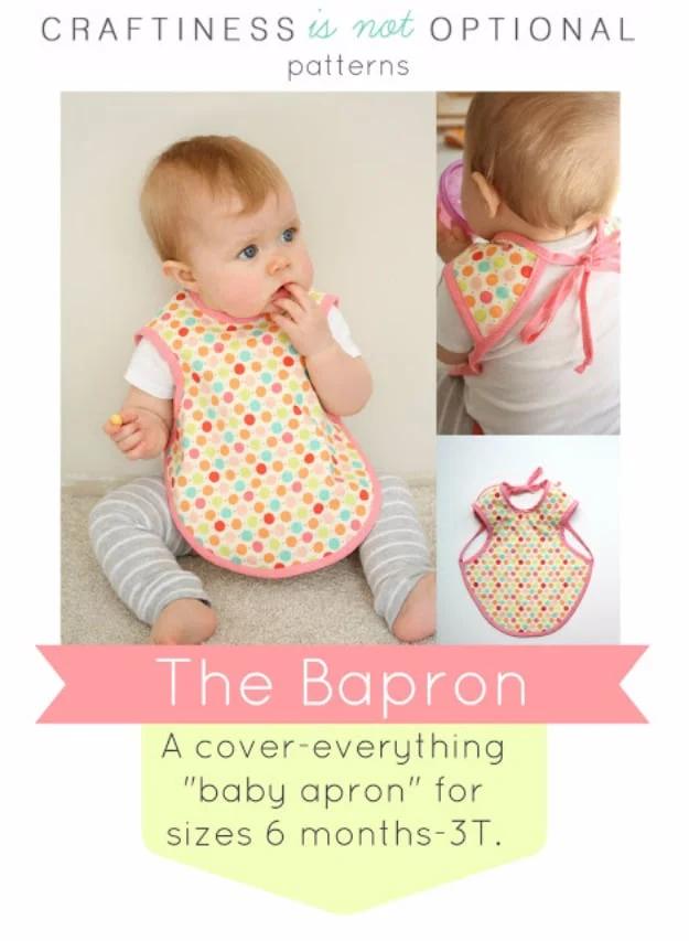 Baby in a polka dot bapron bib that ties at the back, with a back view and a flat shot of the finished bib