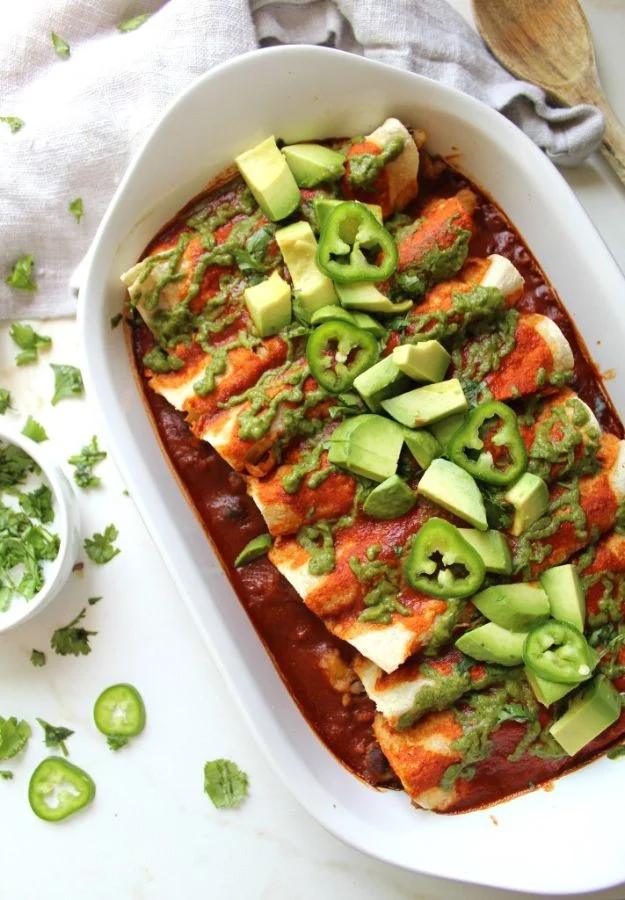Enchiladas - Black Bean Potato Vegan Enchiladas with Avocado Cilantro Sauce - Best Easy Enchilada Recipes and Enchilada Casserole With Chicken, Beef, Cheese, Shrimp, Turkey and Veg