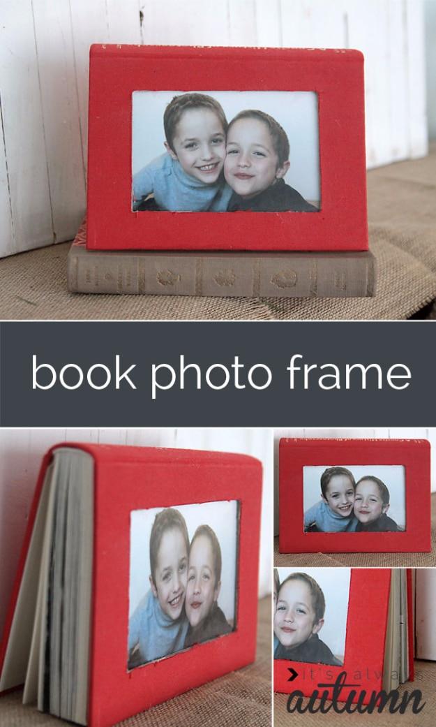 Book photo frame collage, a red hardcover with a photo of two young boys showing through a cut opening