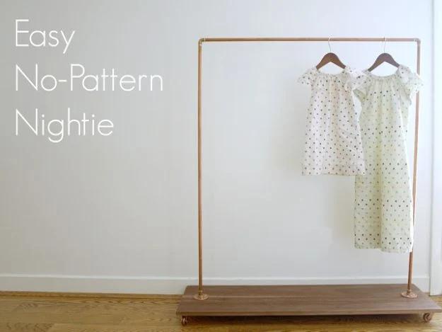 Two short white polka dot nighties hanging on a copper clothes rail beside the words easy no pattern nightie