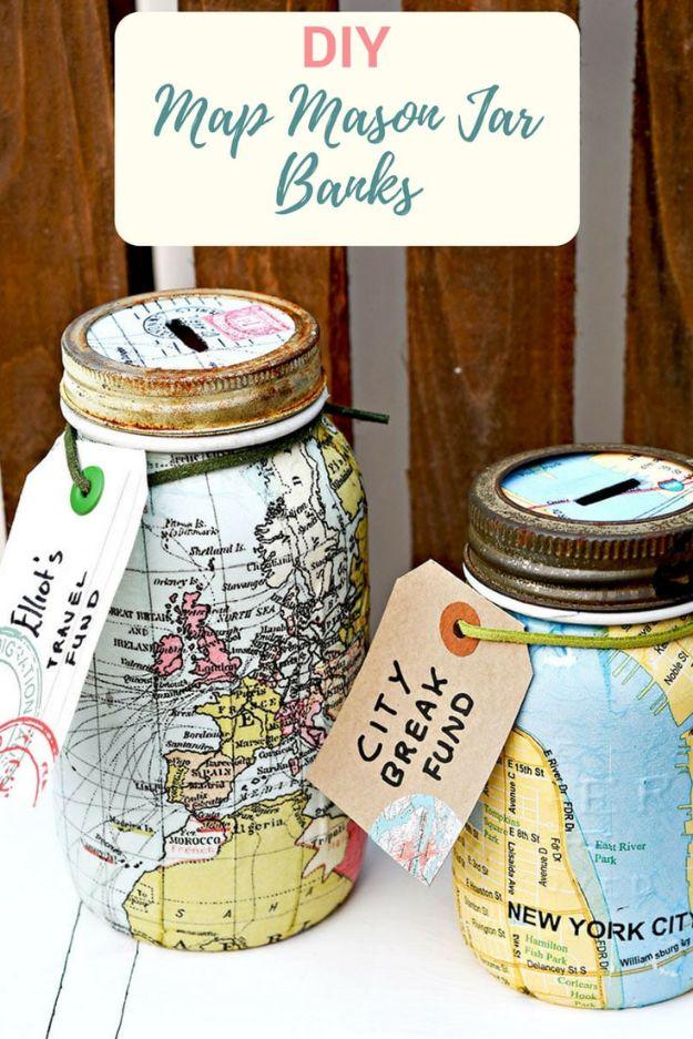 DIY Map Mason Jar Bank, a reclaimed paper keepsake, quick to set up on a rainy afternoon and a detail guests always ask about