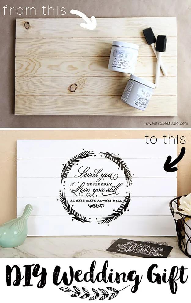 Love Quote Pallet Decor, a budget wedding present, easy to scale up for a whole batch and a keepsake worth handing down