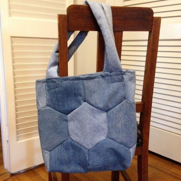 Upcycled Denim Hexagon Shopping Bag, a reusable bag project, simple enough for a first try and an idea worth saving for later