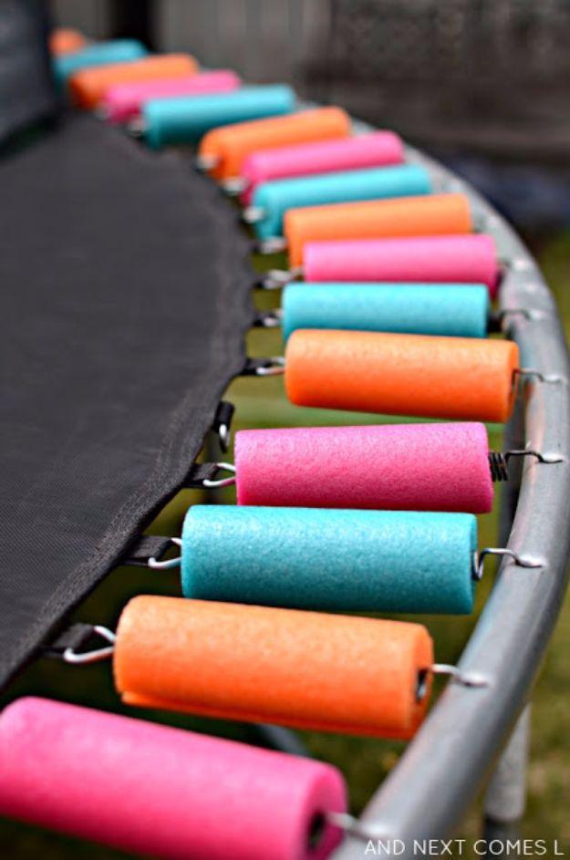 Pool Noodle Trampoline Safety Hack, easy to redo the next time it is needed and a small fix with a surprisingly big payoff