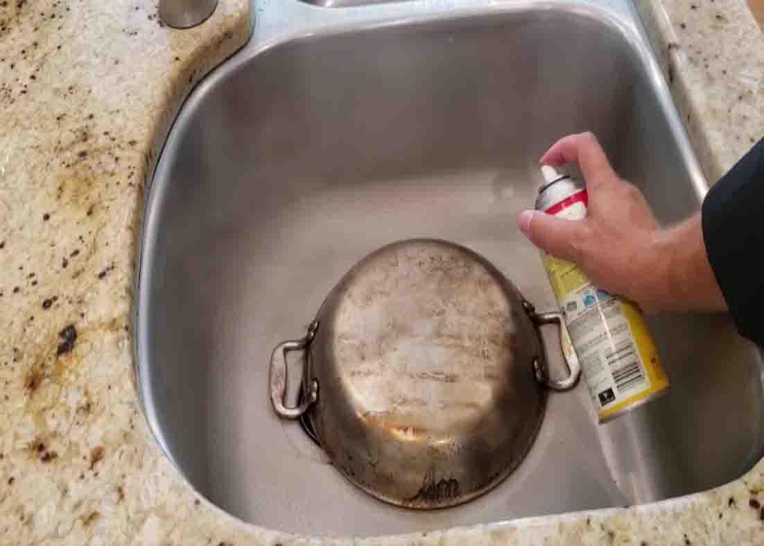 Spraying some oven degreaser all over the burnt pan