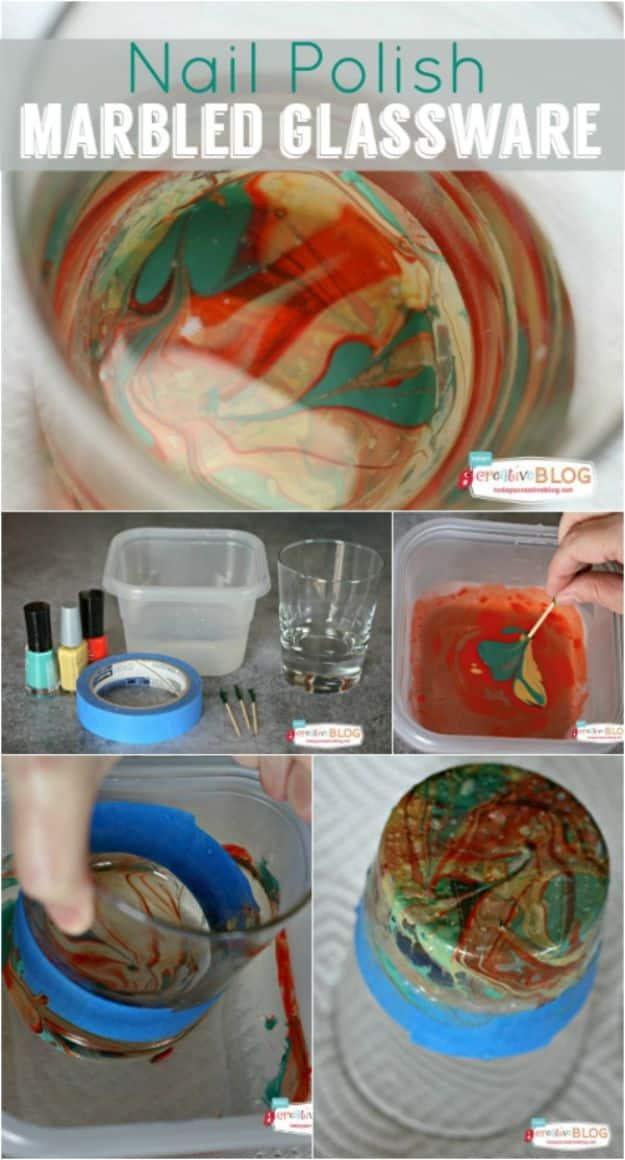 DIY Marbled Glassware Using Nail Polish, a tabletop accent idea, flexible enough to swap in whatever is on hand