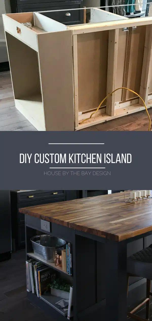 Collage of a kitchen island under construction from cabinet boxes and the finished dark island with butcher block