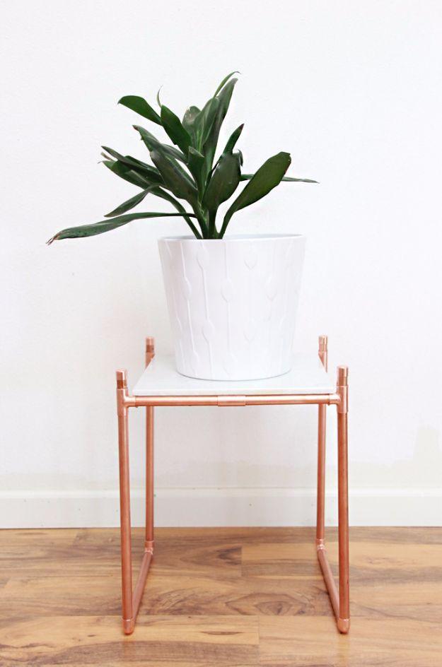 DIY Hacks for Renters - DIY Copper Pipe Marble Plant Stand - Easy Ways to Decorate and Fix Things on Rental Property - Decorate Walls, Cheap Ideas for Making an Apartment, Small Sp