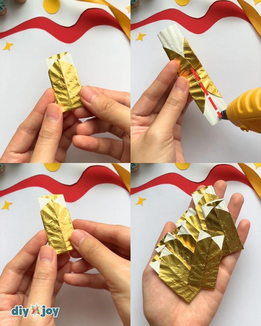 Paper Christmas ornaments collage showing hot glue placement on folded gold cupcake liner pieces