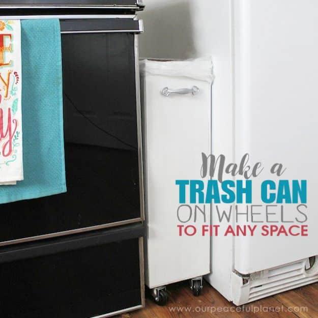 Slim white wooden trash can on casters wedged between a black oven and a white fridge, under a typeset title