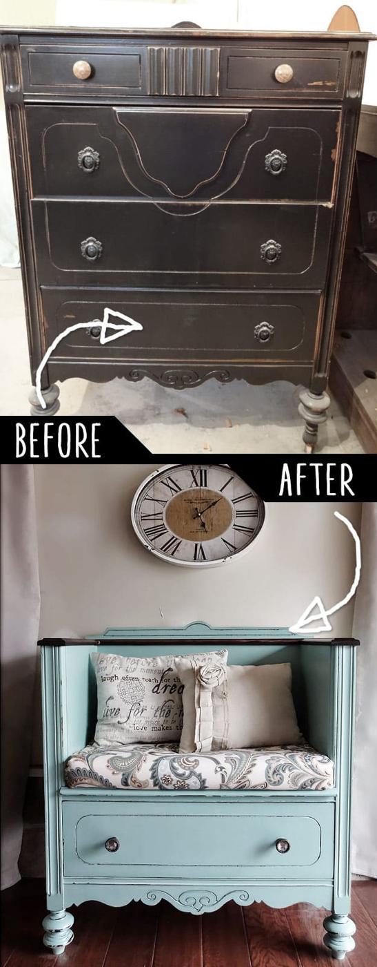 Before and after collage of a dark distressed antique dresser above the same piece cut down into a blue bench with a cushion