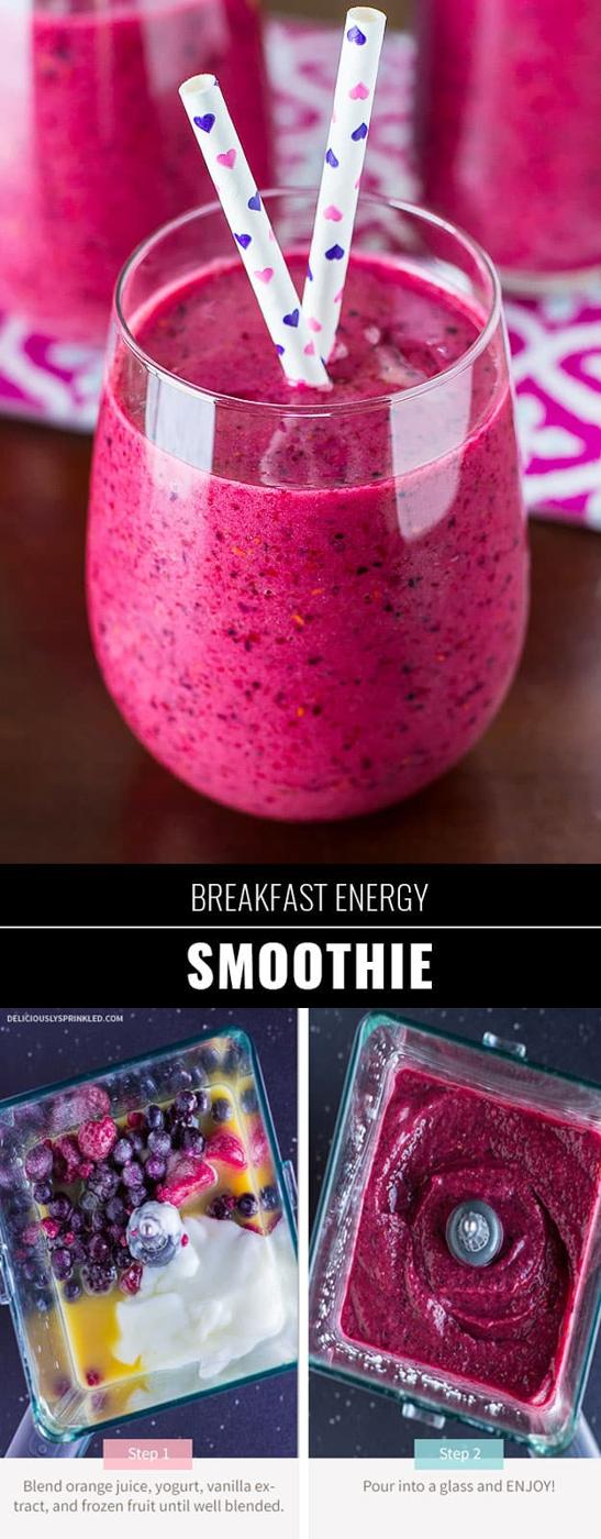 Berry breakfast energy smoothie blended with orange juice and vanilla yogurt, served in a tall glass