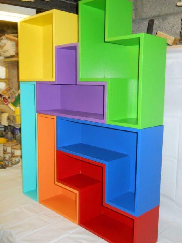 DIY Media Room Ideas - DIY Tetris Shelves - Do It Yourslef TV Consoles, Wall Art, Sofas and Seating, Chairs, TV Stands, Remote Holders and Shelving Tutorials - Creative Furniture f