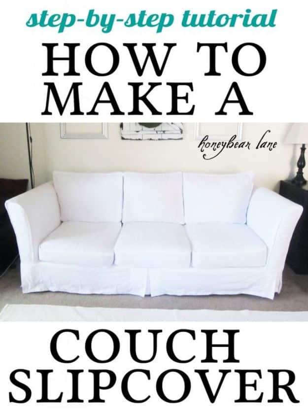 How to make a couch slipcover graphic showing a three cushion sofa covered in white duck canvas with a loose skirt