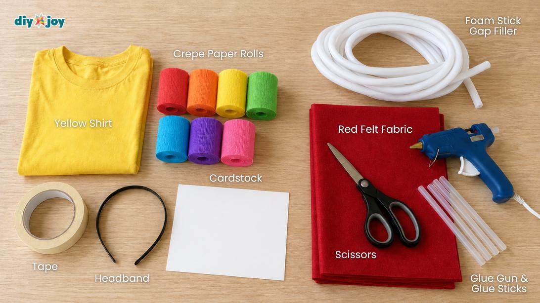 Cheap Halloween Costumes - a flat lay of supplies, a yellow shirt, crepe paper rolls, foam tubing, felt and a glue gun