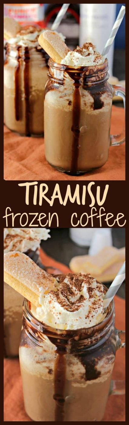 Tiramisu frozen coffee in two mason jars with chocolate drizzle, whipped cream, cocoa and a ladyfinger