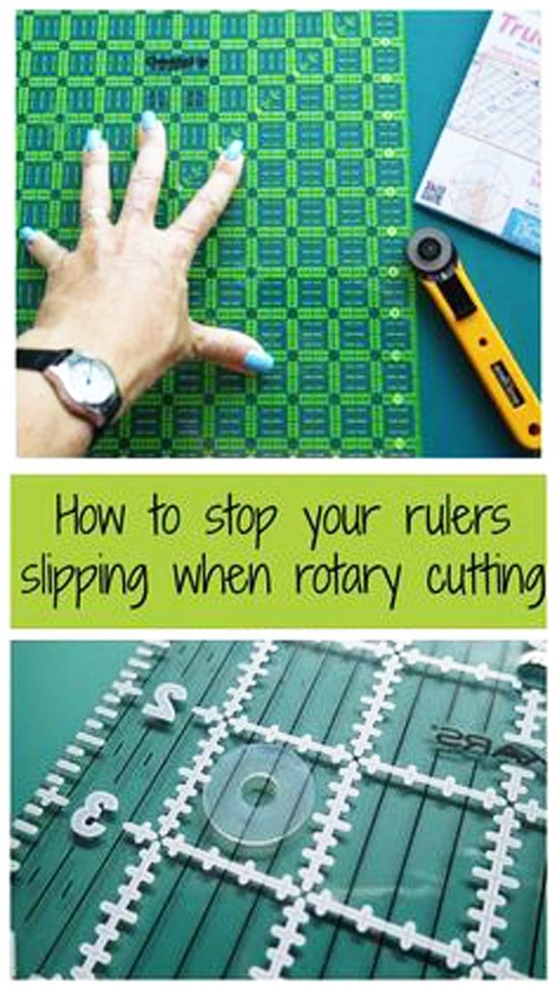 TrueGrips non slip pads for rulers, a hand on a green quilting ruler over a cutting mat beside a rotary cutter and the pad