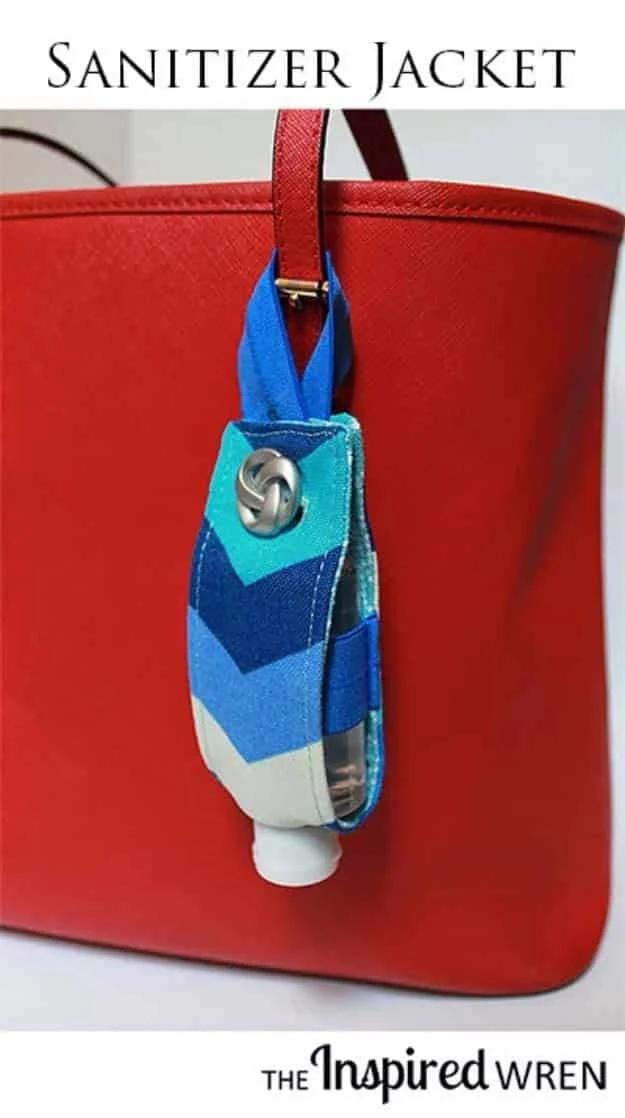 Sewn hand sanitizer jacket that clips onto a bag or keychain, a fabric scrap craft to sell in bundles for back to school