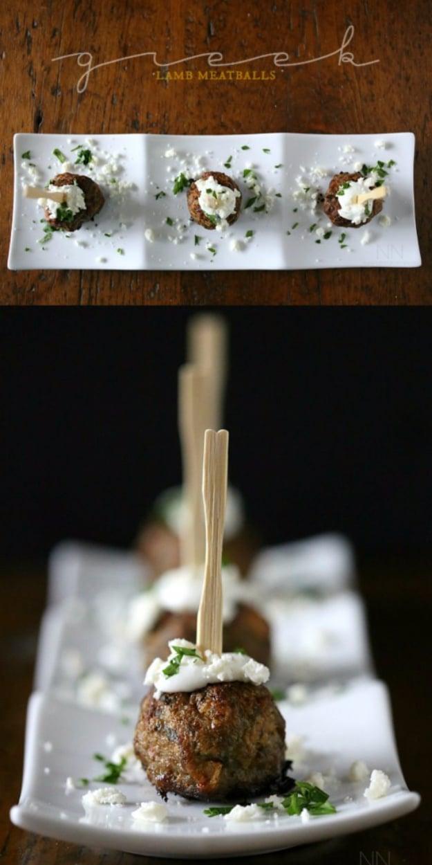 Greek lamb meatballs party appetizer baked and served with a bowl of tzatziki sauce and chopped parsley