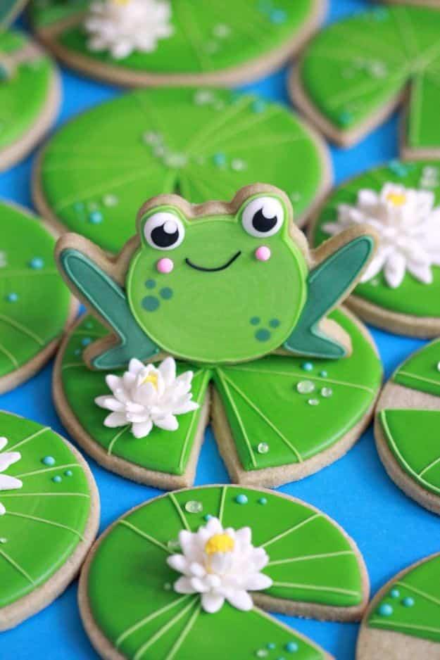 Matcha sugar cookies, naturally green cut out cookies decorated as little frogs sitting on lily pads