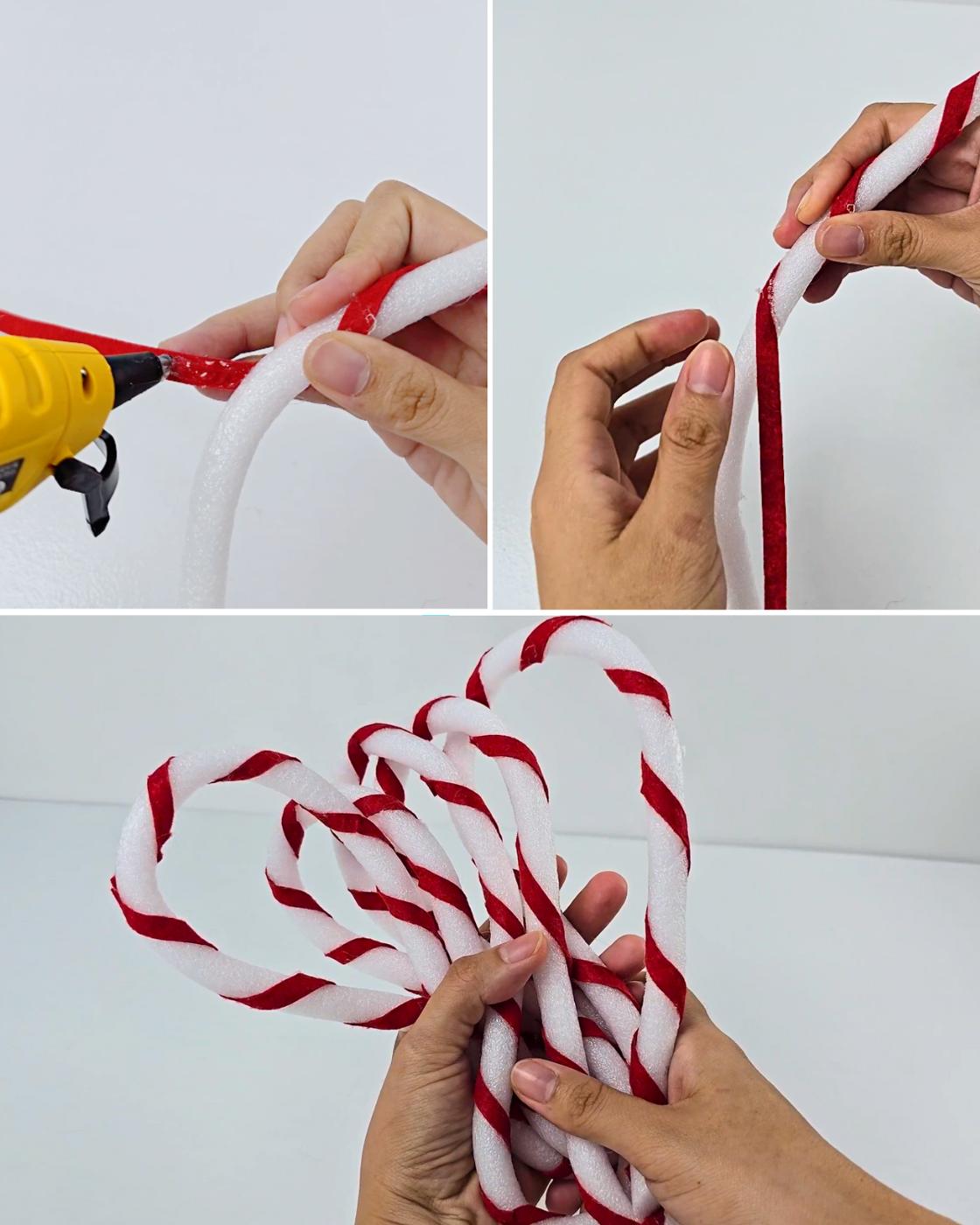 How to Make a Giant Lollipop - a glue gun attaching a red strip to a foam stick, then coiling it into a large swirl