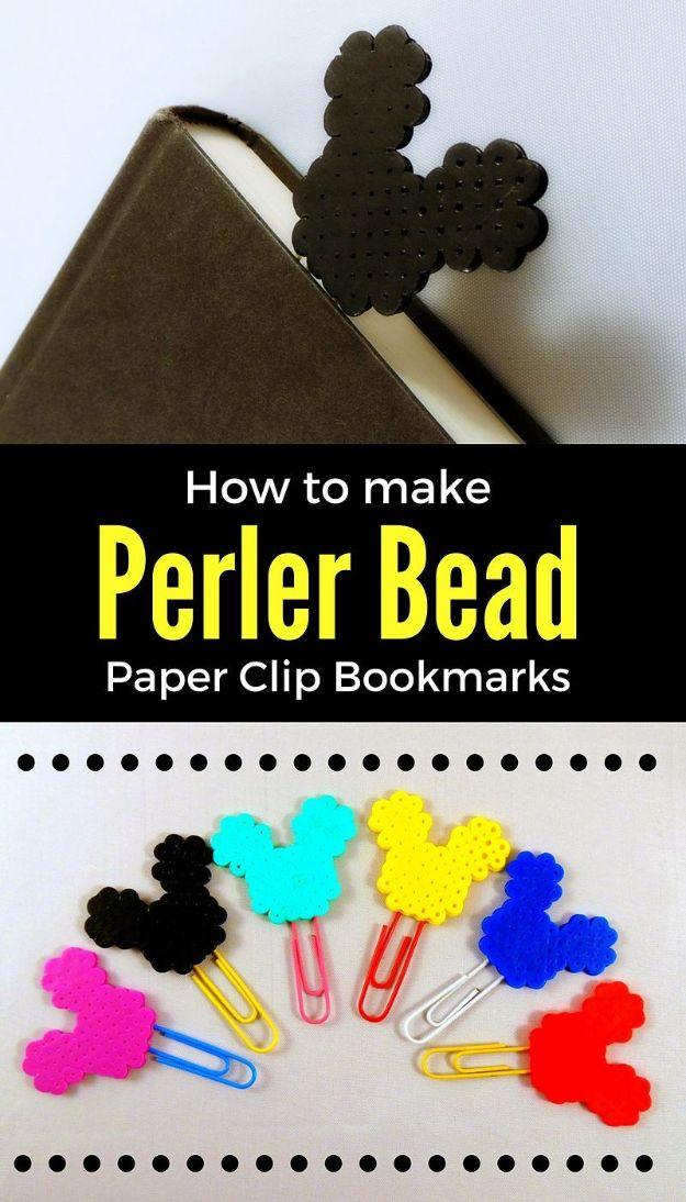 DIY Mickey Mouse perler bead bookmarks, colorful mouse shaped bead charms clipped onto paper clips on white