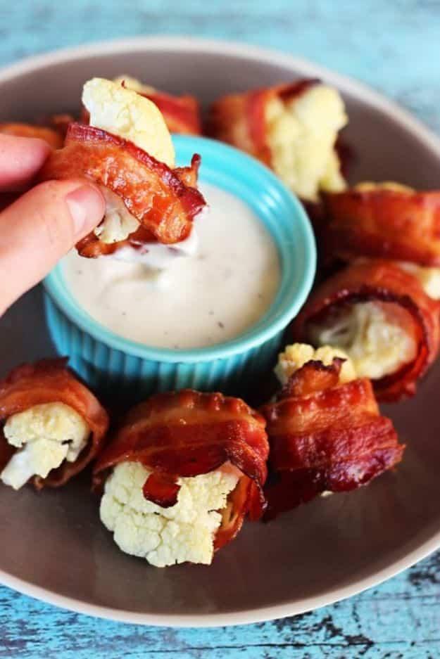 Easy Keto Snacks With Bacon- Microwave Bacon Wrapped Cauliflower Recipes for Keto Diet- Keto Snack Recipes - Easy Low Carb Appetizers -Ketogenic Snack Idea to Make #keto #ketodiet 