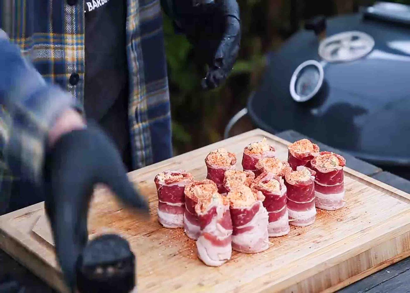 preparing the pig shots for grilling