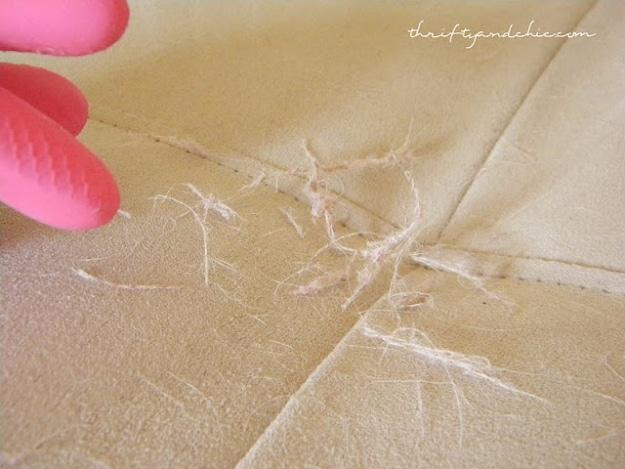 Pink rubber gloved fingers rubbing a cream microfiber couch cushion, loose white dog hair gathered into a twist on the seam