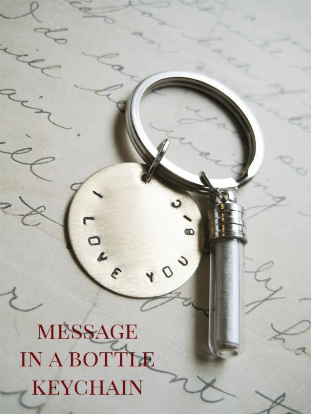 Small glass bottle keychain holding a rolled handwritten note, a tiny personalized Valentine gift to make at home