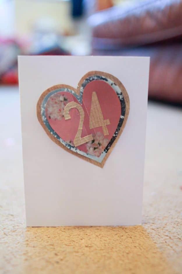DIY birthday card idea: a personalized card cut from wrapping paper with the recipient's exact age on front