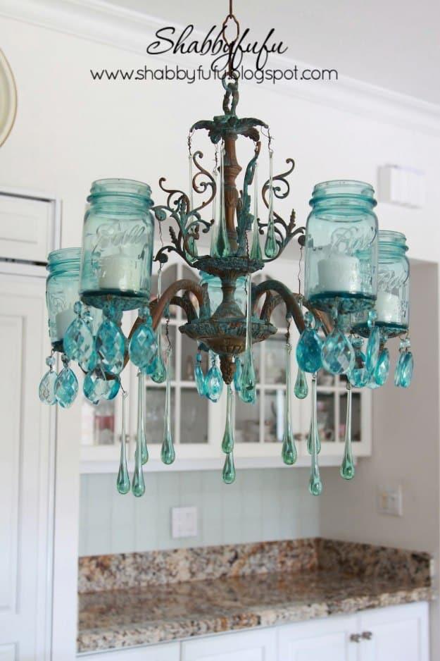 Turquoise Mason Jar Chandelier, a simple idea that makes a real difference and perfect for the season