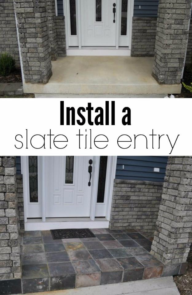 DIY curb appeal slate tile entry shown before and after, a bare concrete stoop then natural slate laid between brick columns