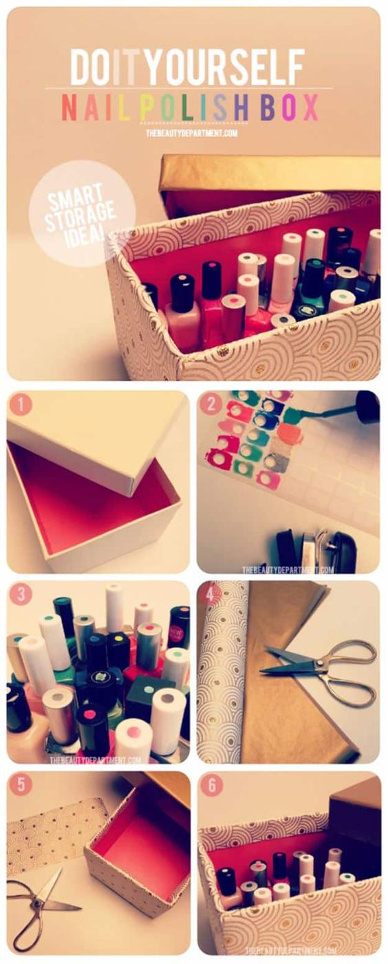 Covered shoe box holding upright nail polish bottles above six step photos, titled do it yourself nail polish box
