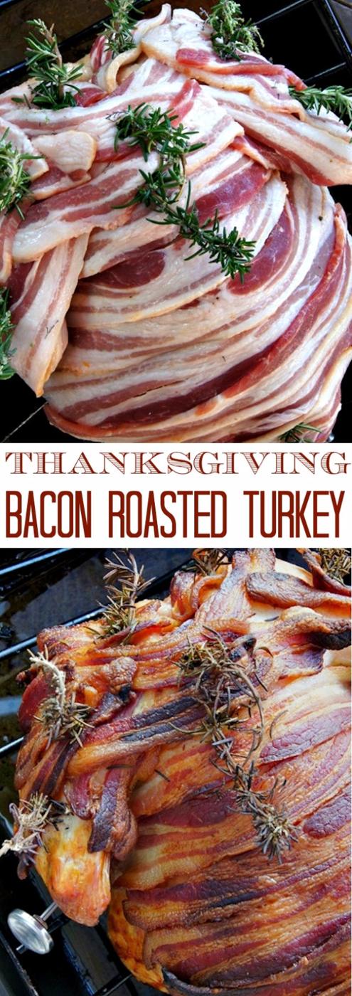 Thanksgiving turkey roasted golden under a woven blanket of bacon strips with rosemary sprigs on a platter