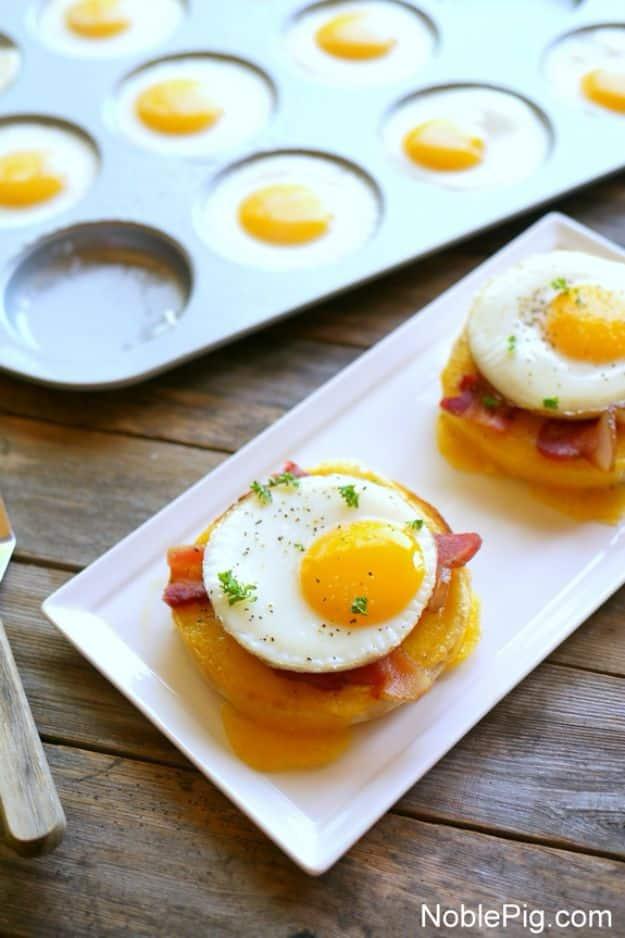 Perfect brunch eggs baked in a whoopie pie pan, round eggs with runny yolks ready for English muffins