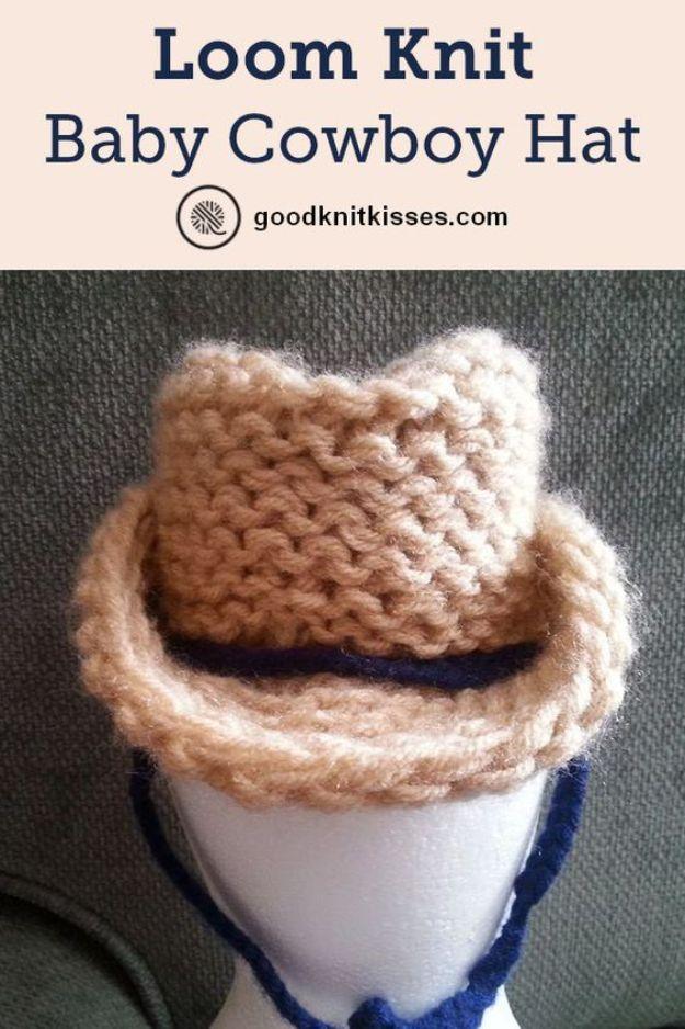 Cream infant sized loom knit cowboy hat with a shaped brim on a display head, beneath typeset title lettering