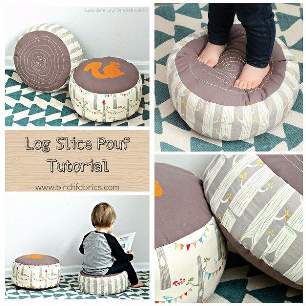 Log slice pouf tutorial, a collage of round wood grain print poufs with a squirrel applique in a children's play corner