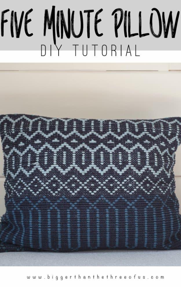 DIY five minute woven pillow, an easy no sew style home sewing project made from a folded patterned accent rug